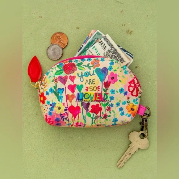 "You Are So Loved" Purse Natural Life Vegan Leather Mini Pouch FloralHeart Coin - Picture 1 of 7
